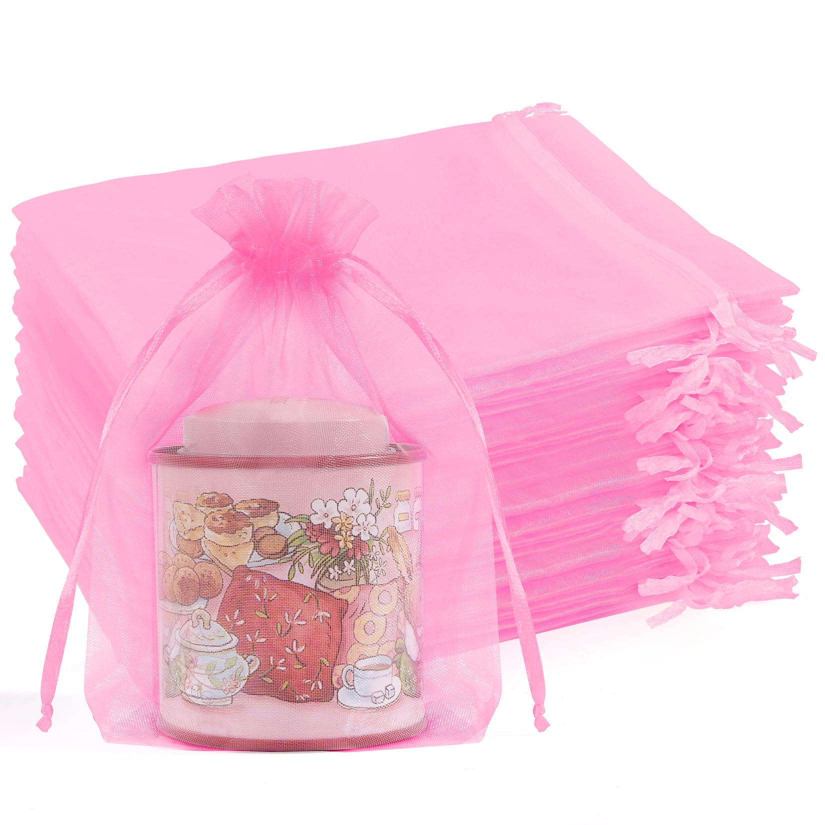 Crweety 50 Pcs Organza Bags 5x7, Pink Small Mesh Gift Bags Drawstring Bulk