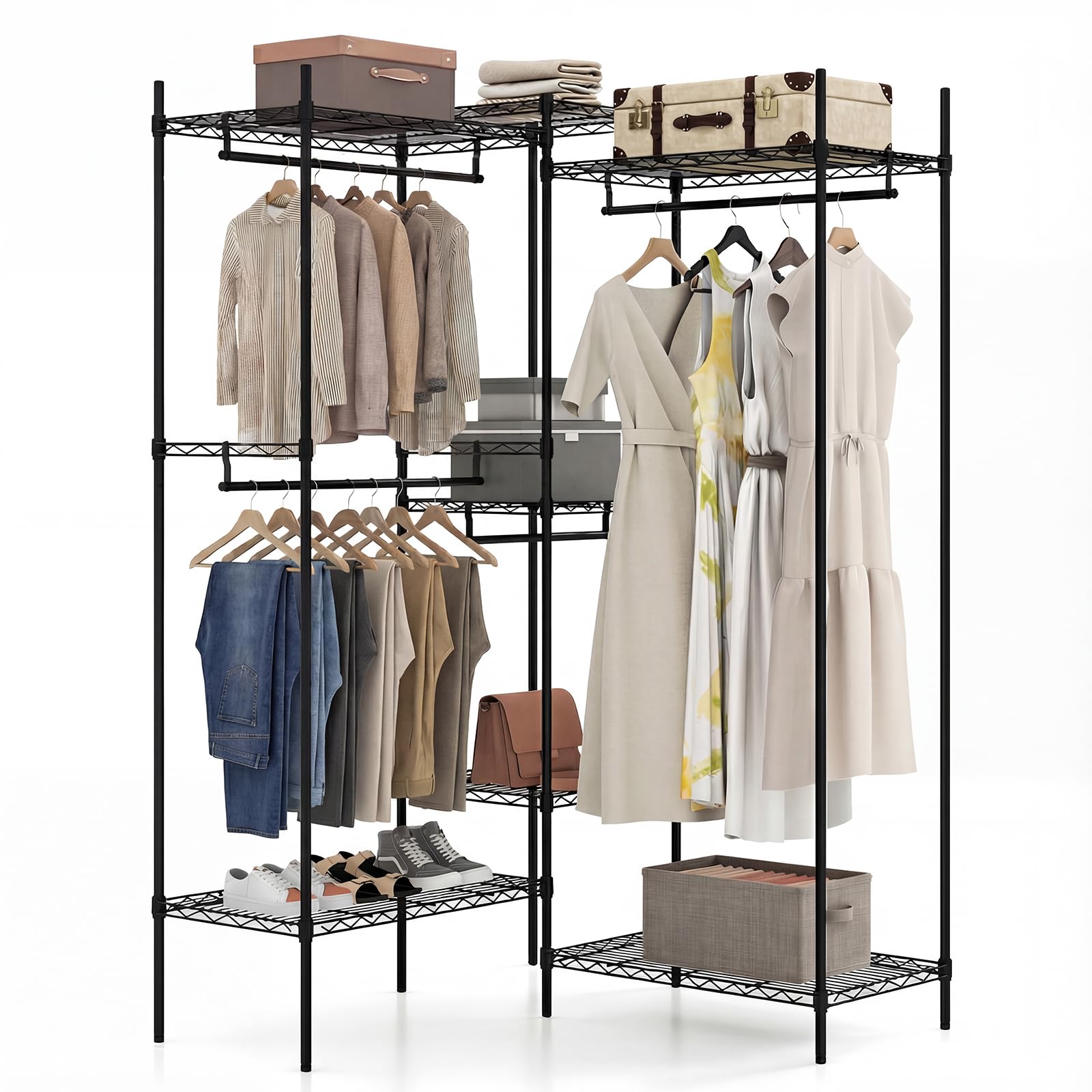 COSTWAY Armario Ropa Metálico, 7 Estantes Ajustables y 4 Barras para Colgar, Perchero Burro Ropa, Convertible con Instalación en L y Horizontal, 188 x 46 x 198 cm, Carga 530 kg (Negro)