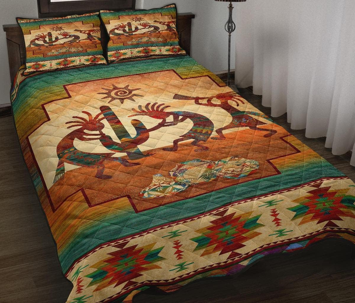Western Southwestern Native American Tribal Navajo Quilt Bed Set with 2 Pillowcases in Green Orange Burgundy, Tribal Pattern Coverlet for All Season Quilted Bedspread (Sun Dancing, King)