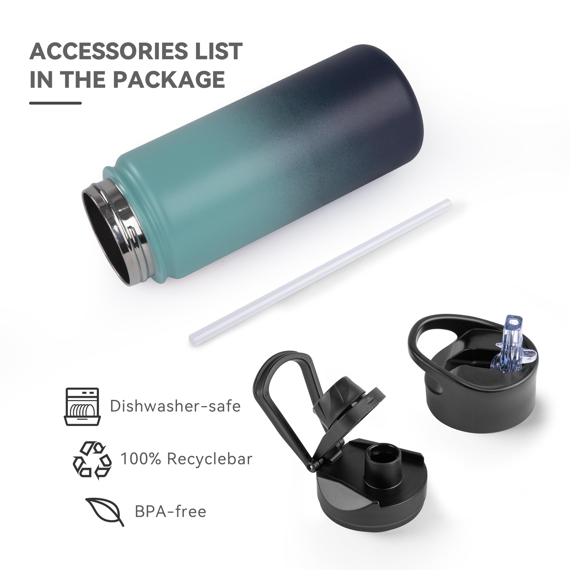 UMBFUN Insulated Water Bottle, 500ml 2 Lids (Straw Lid and Spout Lid) - Image 3