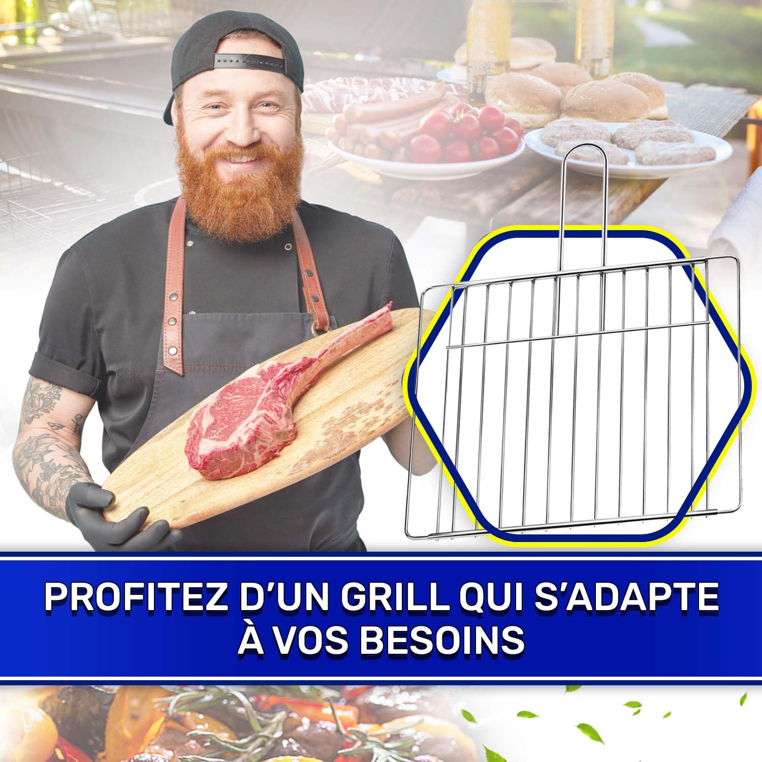 Grille de barbecue coulissante de 38 cm à 64 cm x 32 cm en acier inoxydable chromé et équipée de vis à tête fraisée et clé de montage – Fabriqué en Italie – Garantie 10 ans MONTERAL