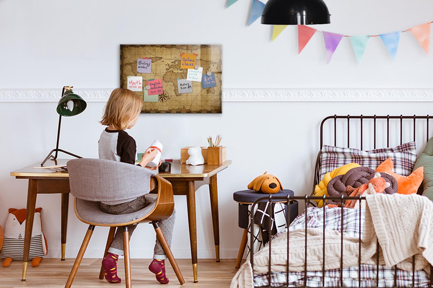 Glasmagnettafel mit Zubehör-Set | Magnetisch, beschreibbar, abwischbar | Planungsboard für Notizen, Aufgaben & Ideen | Ideal für Zuhause & Arbeitsplatz - 60x40cm Vintage-Weltkarte