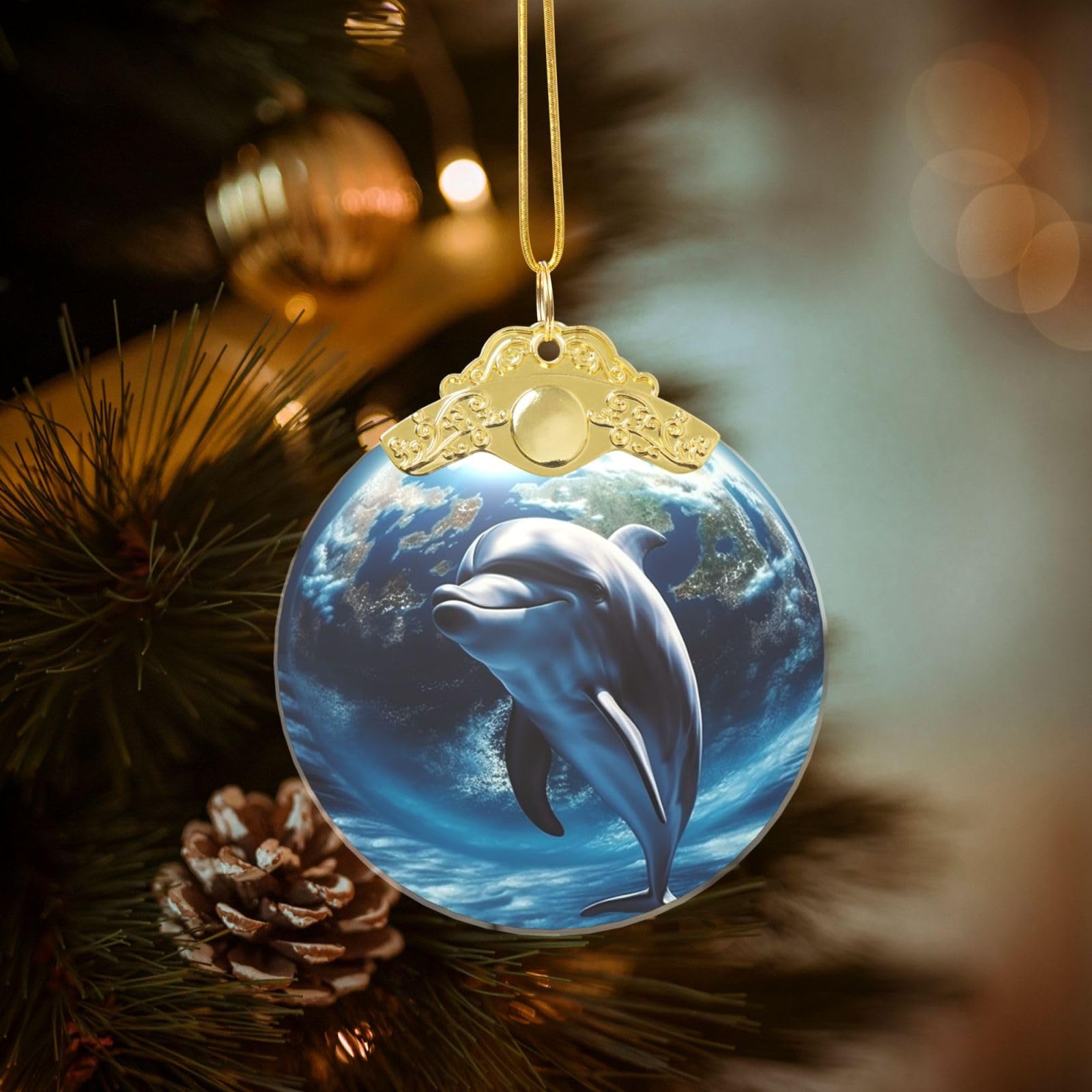 Dolphin Earth Christmas Ornament 2025, Round Glass Xmas Hanging Pendant for Xmas Tree Decoration,Cute Holiday Hanging Decorations Keepsake for New Year Family Party Wedding Decor