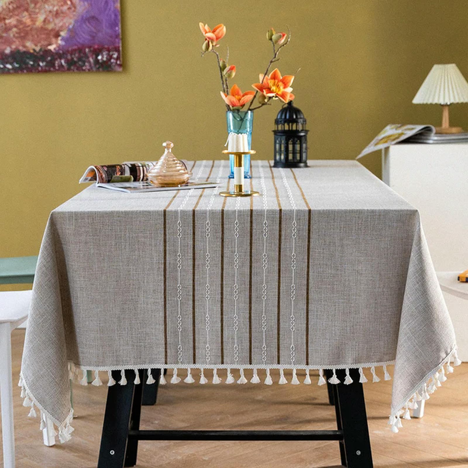 Nappe de table rayée en lin avec pompon pour décoration de banquet rectangulaire