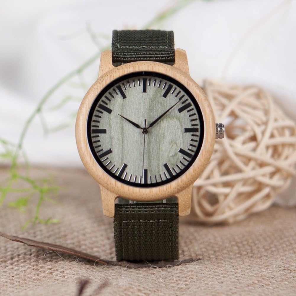 BOBO BIRD Unisex Bamboo Wooden Watch for Men and Women Analog Quartz Lightweight Handmade Casual Watches with Green Nylon Strap