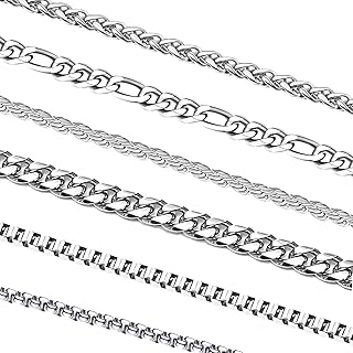 OLARCU 6 Pcs Silver Chains, Stainless Steel Cuban Link/Rope/Box/Figaro/Square Rolo/Wheat Chain Necklace Jewelry Set for Men Women
