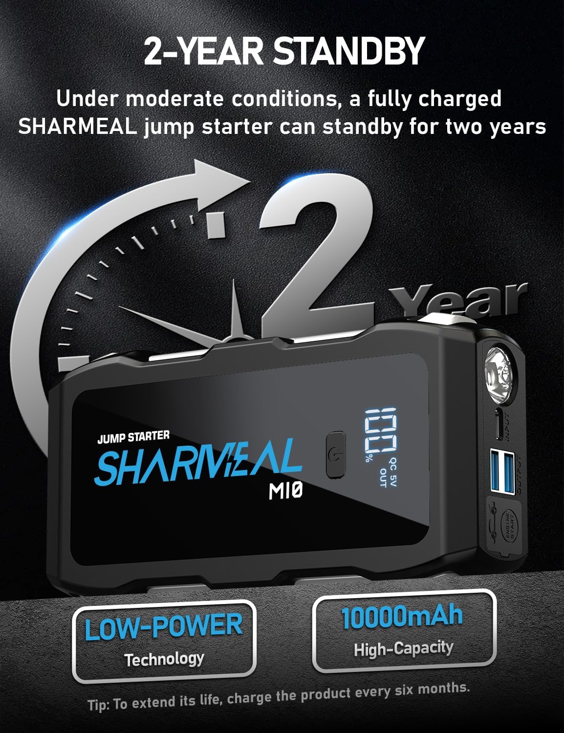Sharmeal Jump Starter M10 displaying 100% charge and indicating 2-year standby capability