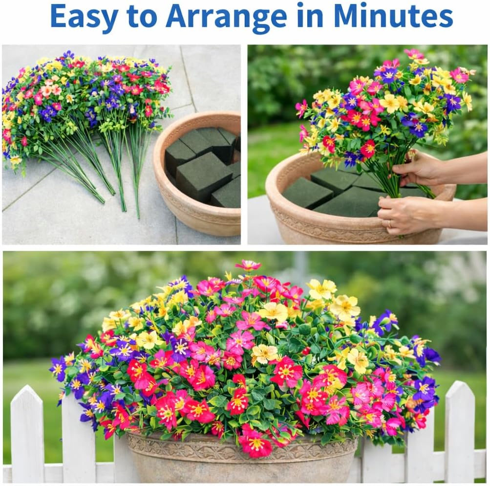 Artificial Flowers for Outdoors,8 Bundles UV Resistant Colorful Fake Outdoor Plants, No Fade Faux Flowers for Porch Garden Window Box Decoration, Realistic Outdoor Floral Decor