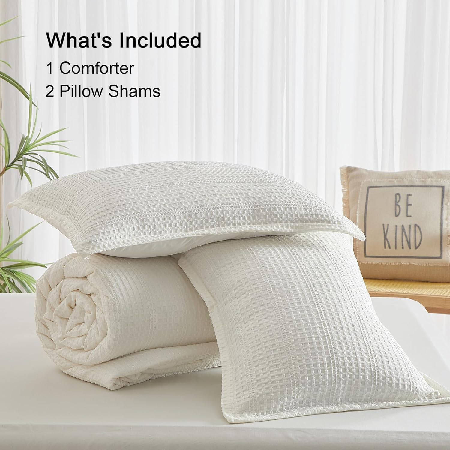 PHF 3 Pieces Cream Waffle Weave Comforter Set King Size - Ultra Soft Textured Waffle Comforter with 2 Pillow Shams, Lightweight Breathable Comfy Bedding Set for All Season, Cream - Image 7