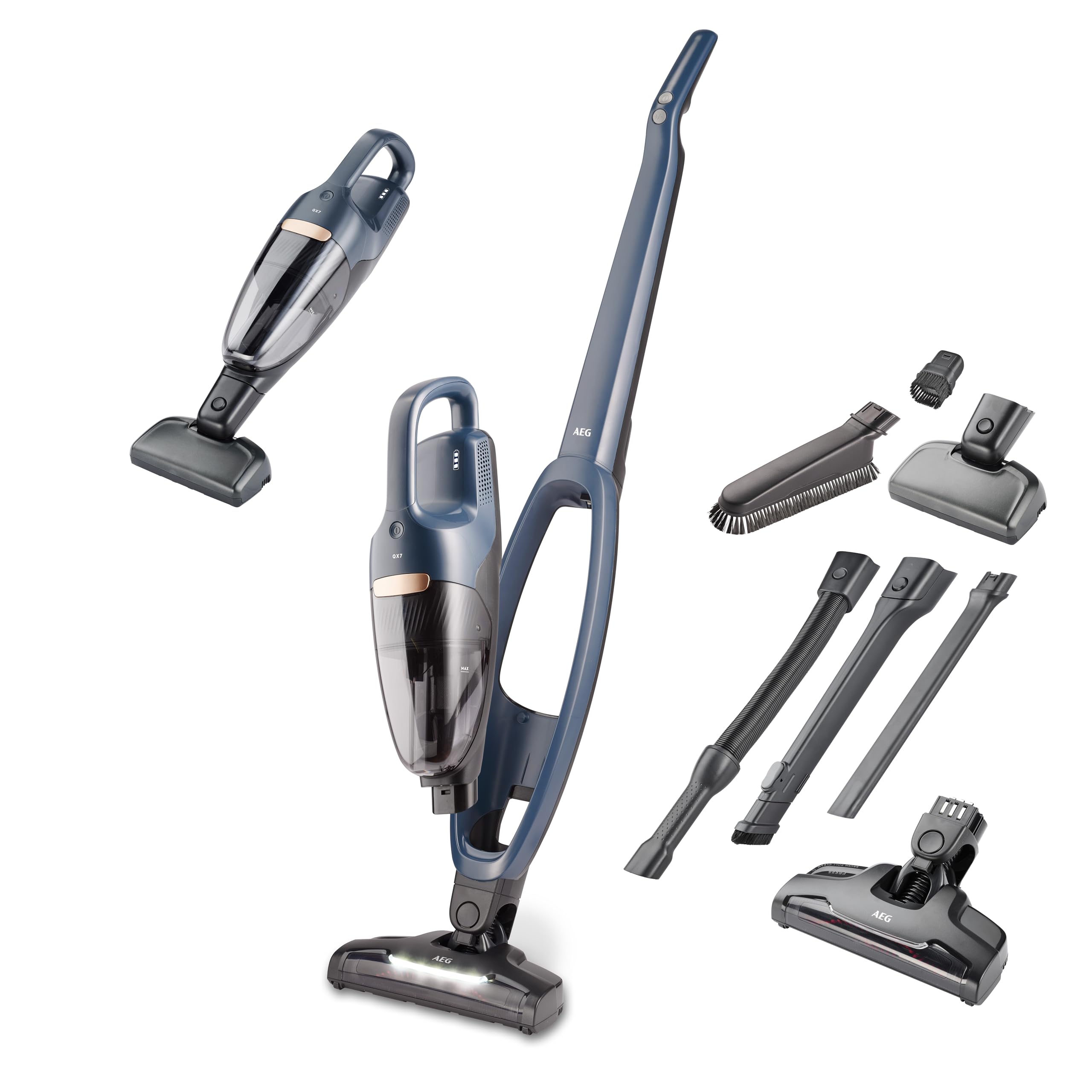 AEG 2in1 Akku Staubsauger, schlanke Bauform, Multi-Bodendüse, PetPro-Elektrosaugbürste, Tiefenreinigung, bis zu 50 min Laufzeit, 21,6 Volt, inkl. Zubehör, freistehend, Hygienefilter, blau, QX7-1-I360