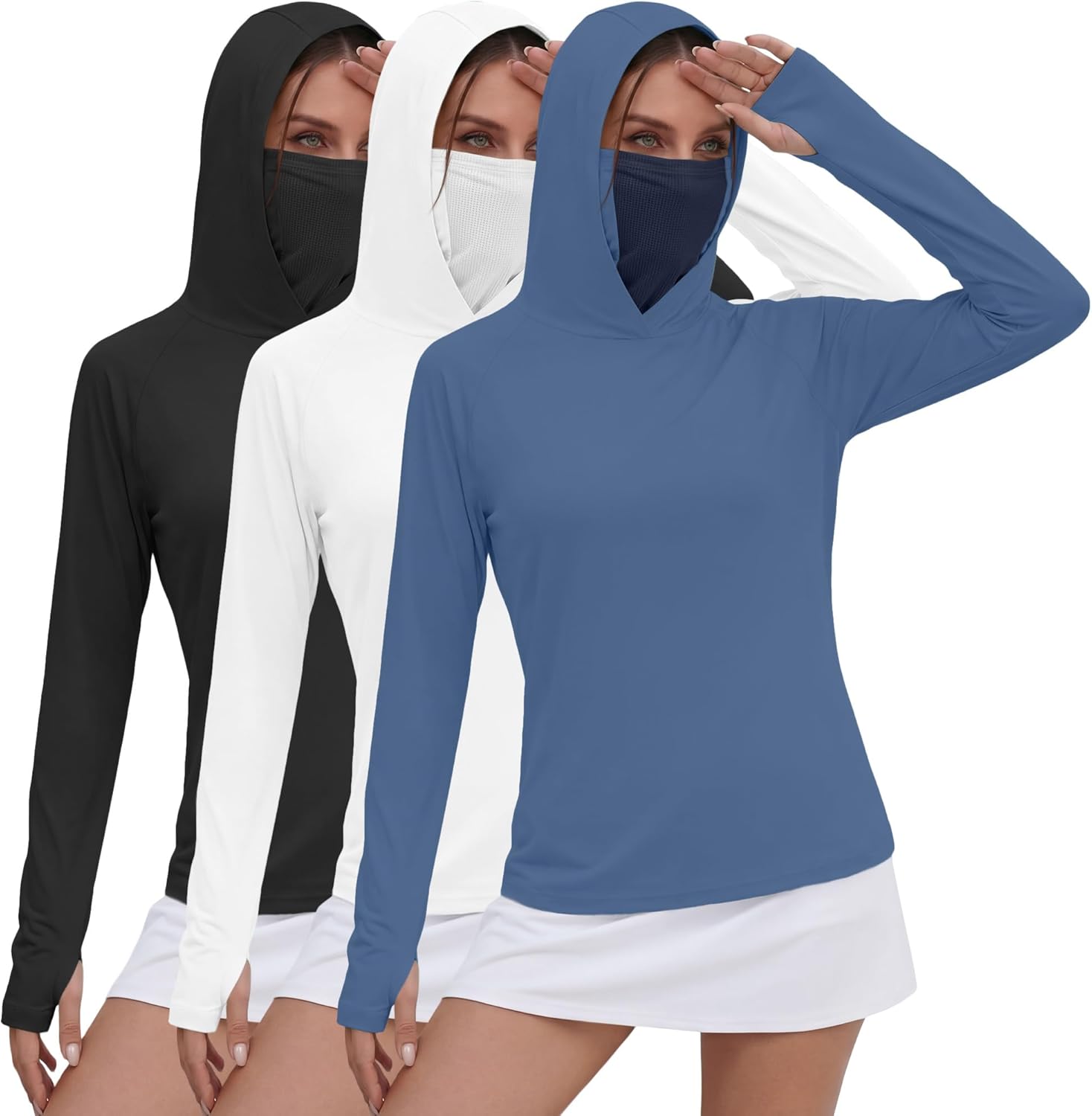 Xaatren 3 Pack Women's UPF 50+ Sun Hoodies with Face Mask Thumb Holes Quick Dry Fishing Shirts UV Protection Hiking Shirt