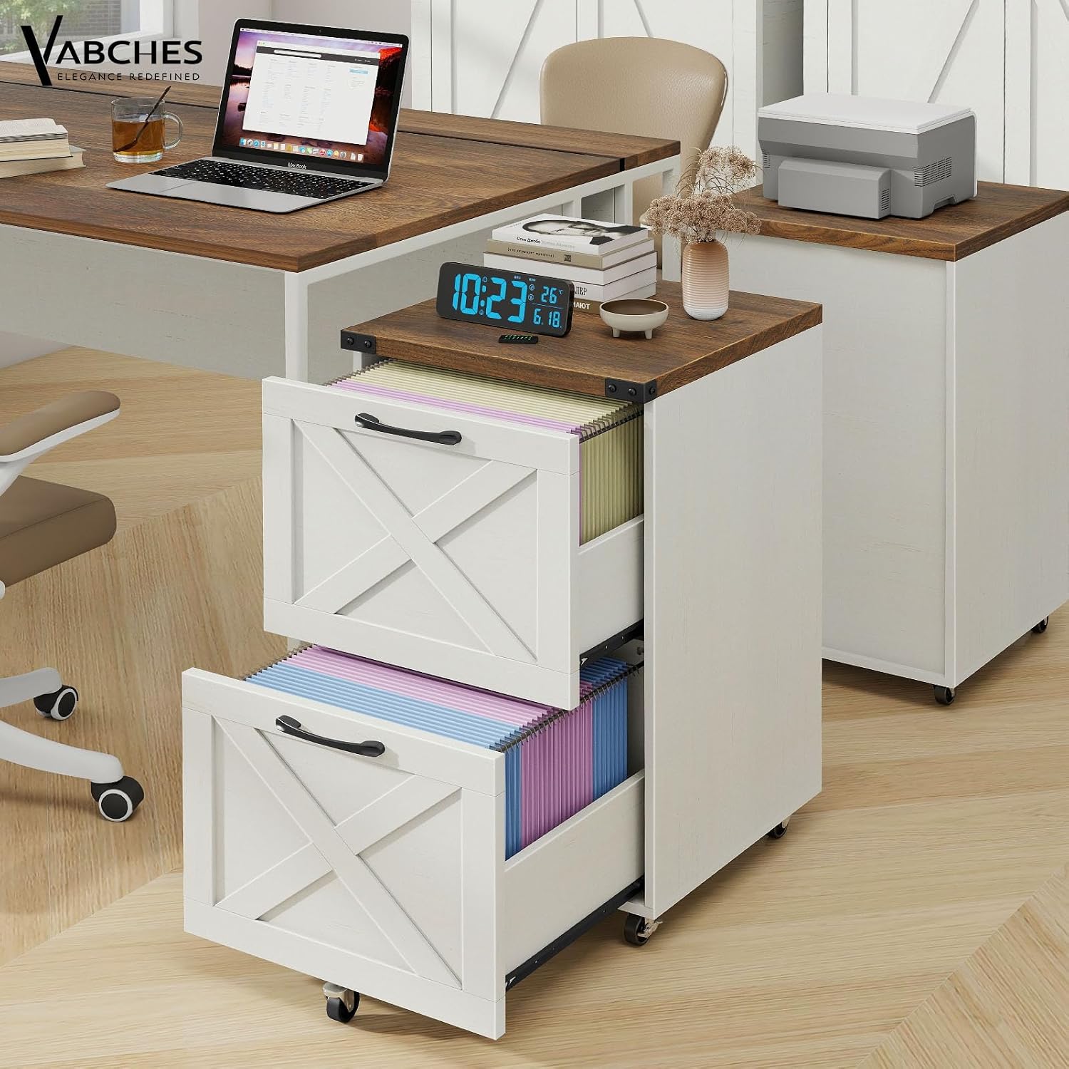 Vabches Farmhouse File Cabinet with 2 Drawers, Vertical Filing Cabinet on Wheels for Letter/A4 Size Hanging Files, Mobile File Cabinets Printer Stand for Home Office, Rustic White