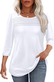 Womens Tops 3/4 Length Sleeve Blouses Dressy Casual Spring Summer Fall Outfits Pleated Front T Shirts Curved Hem