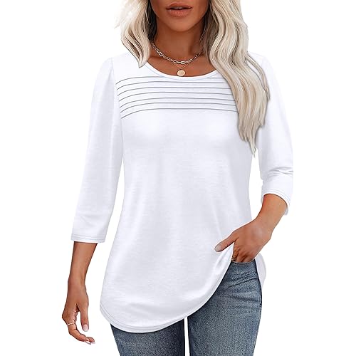 OFEEFAN Womens Tops 3/4 Length Sleeve Blouses Dressy Casual Spring Summer Fall Outfits Pleated Front T Shirts Curved Hem