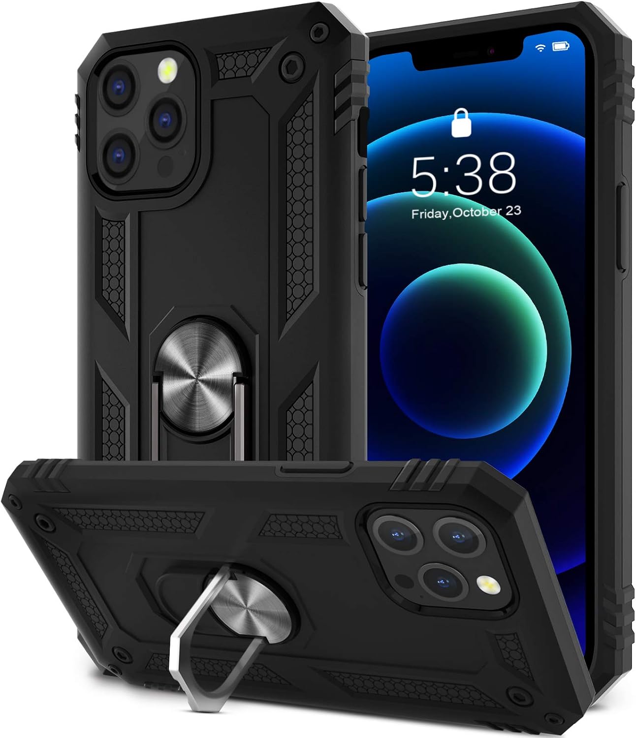 SATLITOG Compatible with iPhone 12 Case and iPhone 12 Pro Case, Military-Grade Shockproof Drop Protection Cover with Metal Rotating Kickstand for 6.1inch - Black