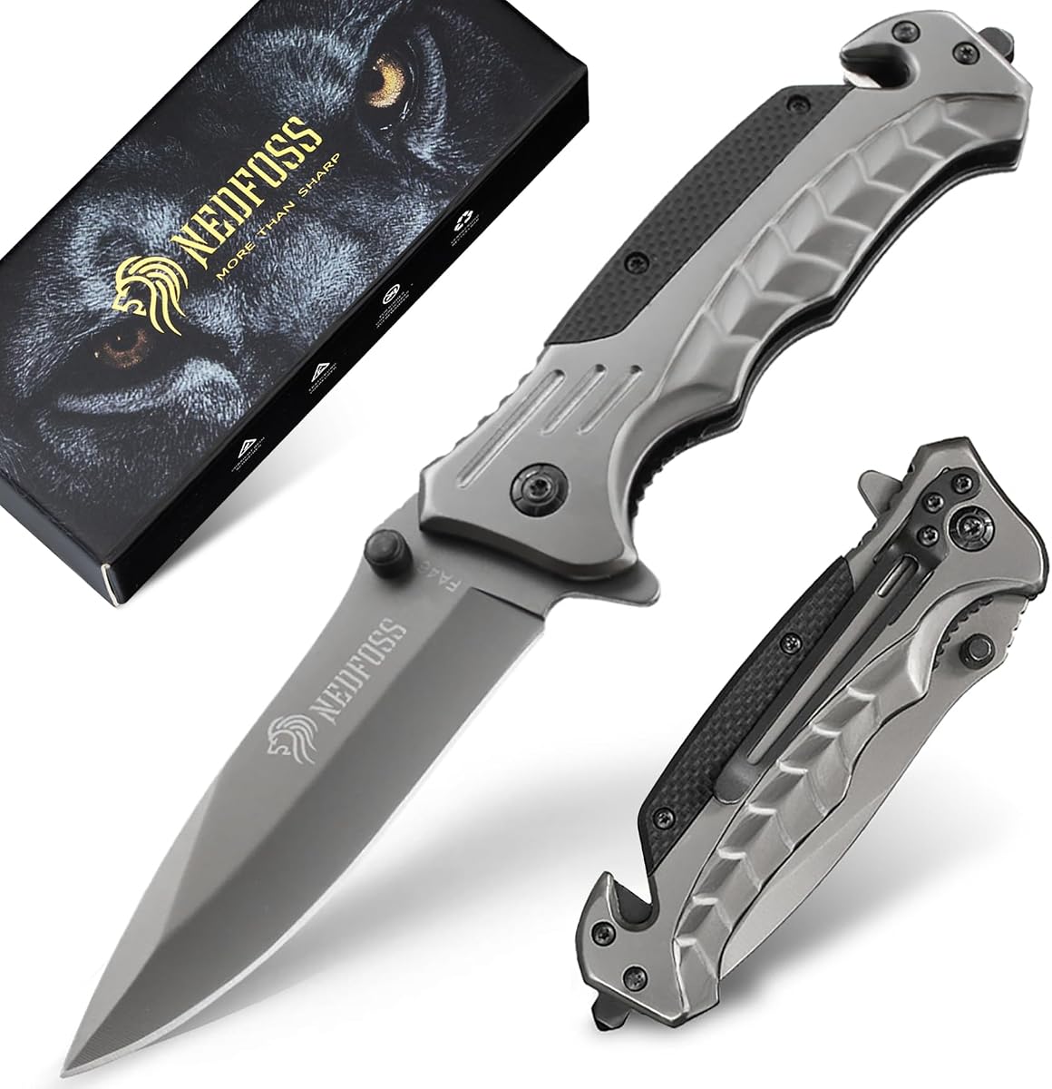 NedFoss FA46 Cuchillo de bolsillo táctico, 3 en 1, cuchillo de supervivencia 8Cr14Mov de 3,4" | multiherramienta, rompecristales, cortador de cinturón de seguridad, clip, cuchillo de trabajo resistente para rescate de emergencia, camping, regalo para hombres