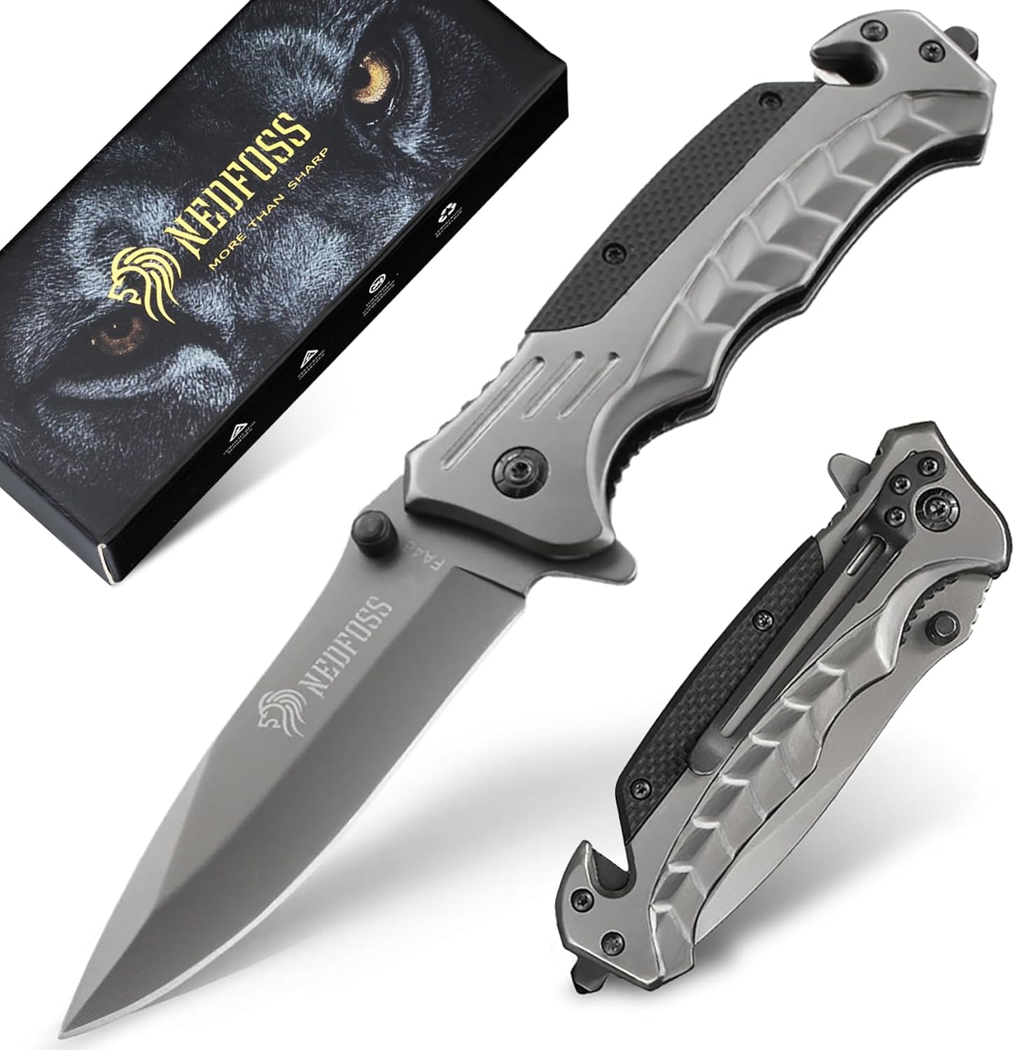 NedFoss FA46N EDC Pocket Knife – 3.35″ 8Cr14Mov Steel 3-in-1 Tactical Rescue Folding Knife, Glass Breaker & Seatbelt Cutter, Ultralight Aluminum Handle, Reinforced Deep-Carry Clip for Camping & Utility(Grey)