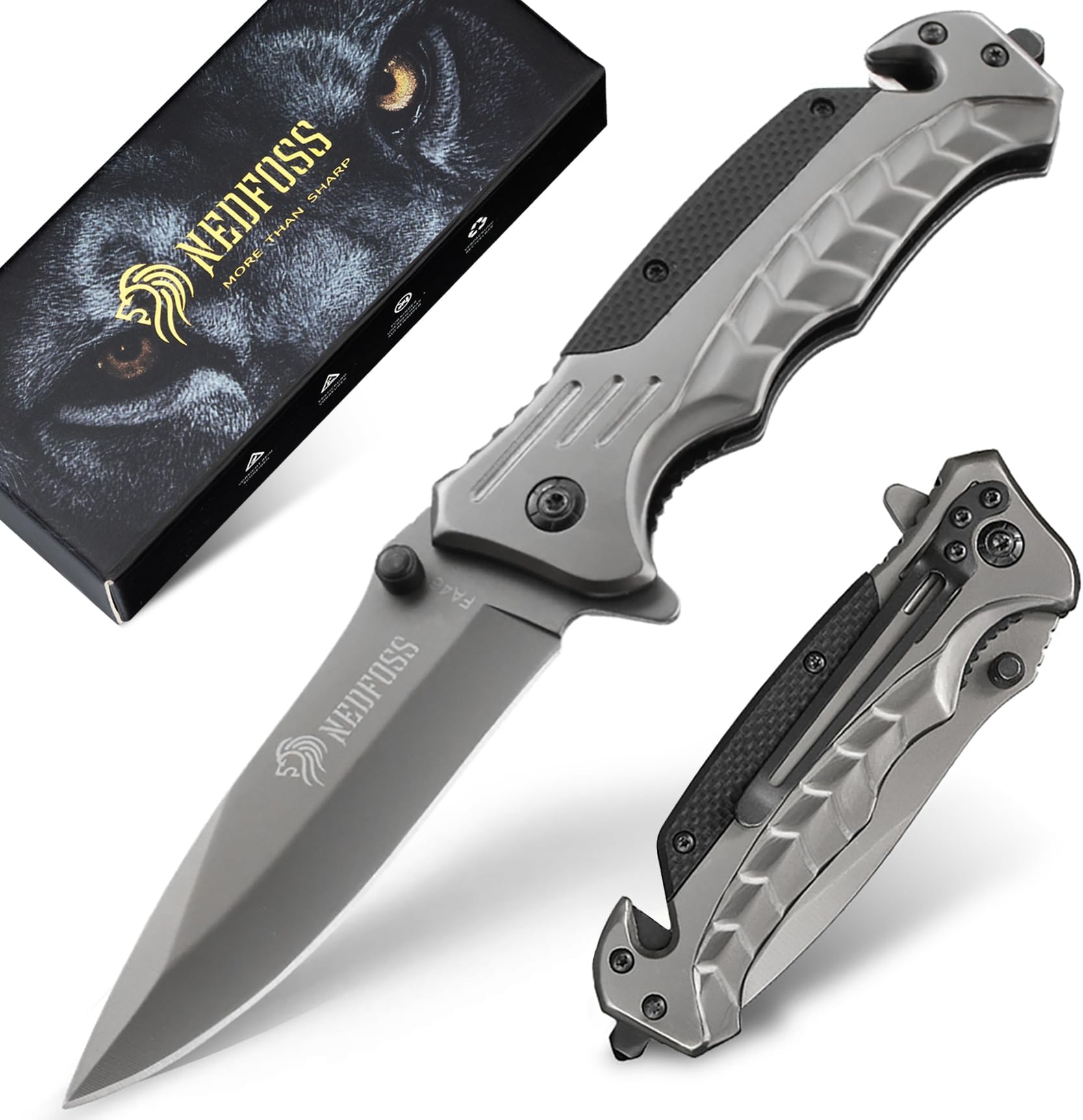 FA46 Pocket Knife for Men, 3-in-1 Multitool Tactical Knife with Glass Breaker & Seat Belt Cutter, Fishing Work Knives for Outdoor Camping, Emergency Rescue