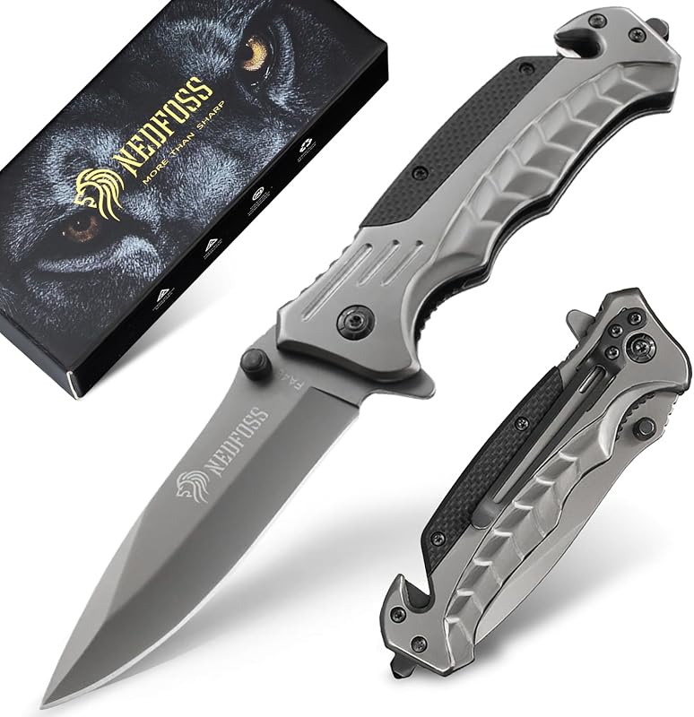 NedFoss FA46 Cuchillo de bolsillo táctico, 3 en 1, cuchillo de supervivencia 8Cr14Mov de 3,4" | multiherramienta, rompecristales, cortador de cinturón de seguridad, clip, cuchillo de trabajo resistente para rescate de emergencia, camping, regalo para hombres