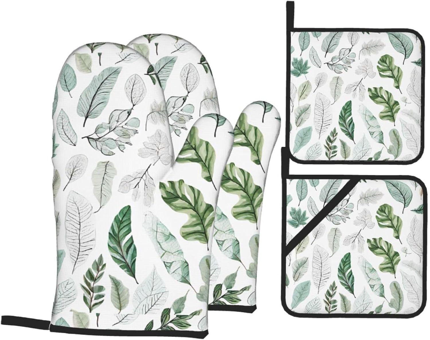 (Basil Thyme Dill & Rosemary) Baking 4-Piece Set: 2 Oven Mitts and 2 Pot Holders Heat Resistant Waterproof Hanging Loop for Kitchen Oven Grill Housewarming Gifts