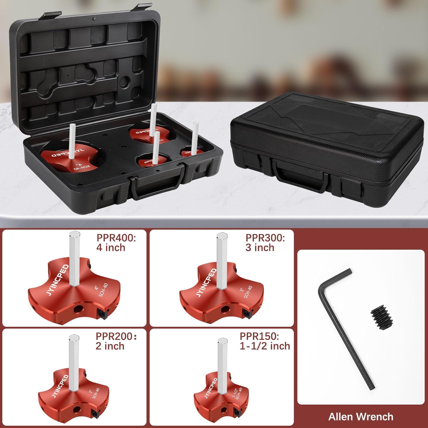 3 Blade PVC Pipe Reamer,PVC Fitting Saver Set Socket Saver for Plumbing,Tool Size:1-1/2",2",3",4 Pipes Reamers,Plastic Pipe Reamer Tool Kit for Sch.40 CPVC ABS Fitting,4 Size w/Tungsten Carbide Blade