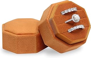 BLUTETE Velvet 3 Slots Jewelry Ring Box Engagement Wedding Box Keepsake Box Bridal Photo Ring Triple Slots Octagon (Burnt Orange)