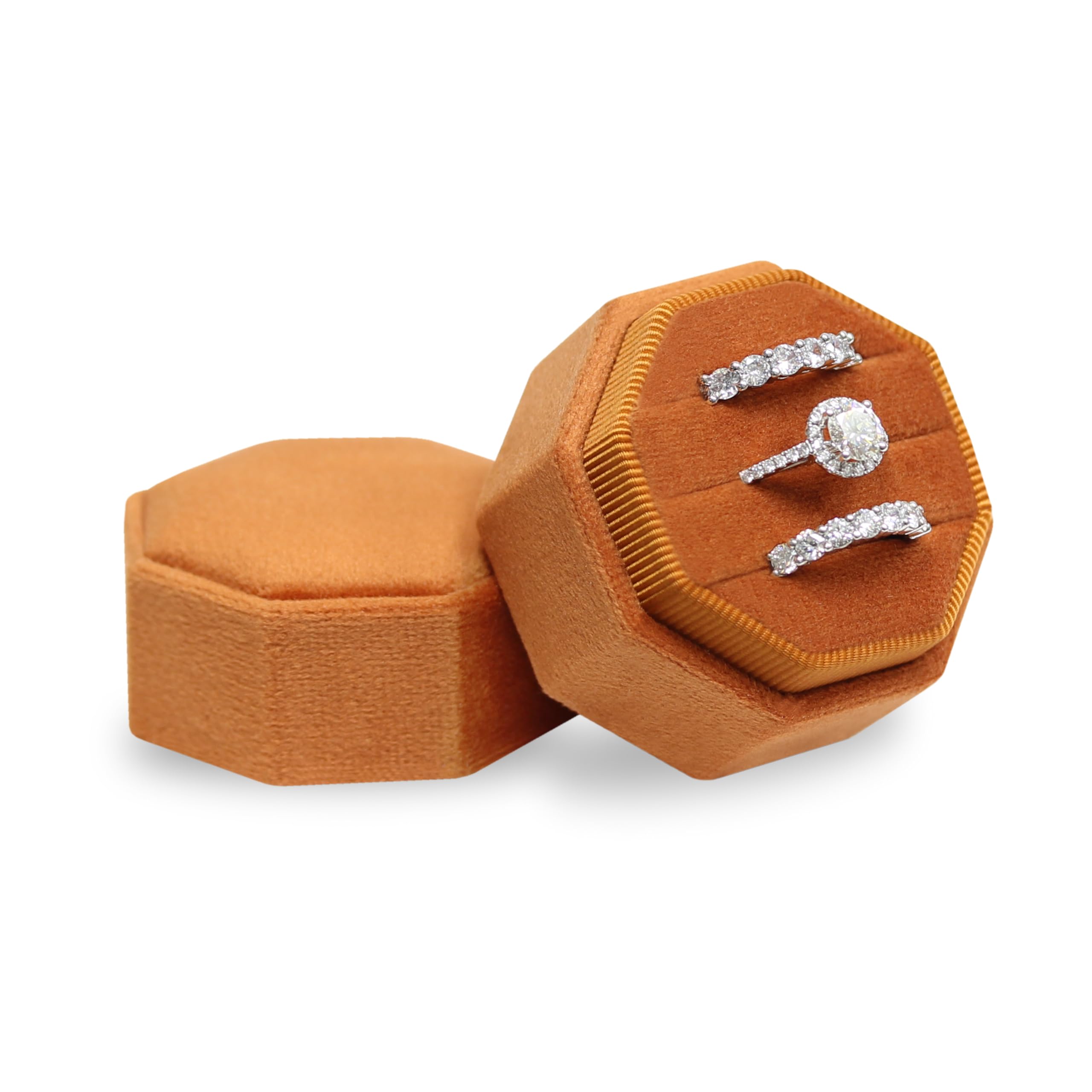 Velvet 3 Slots Jewelry Ring Box Engagement Wedding Box Keepsake Box Bridal Photo Ring Triple Slots Octagon (Burnt Orange)