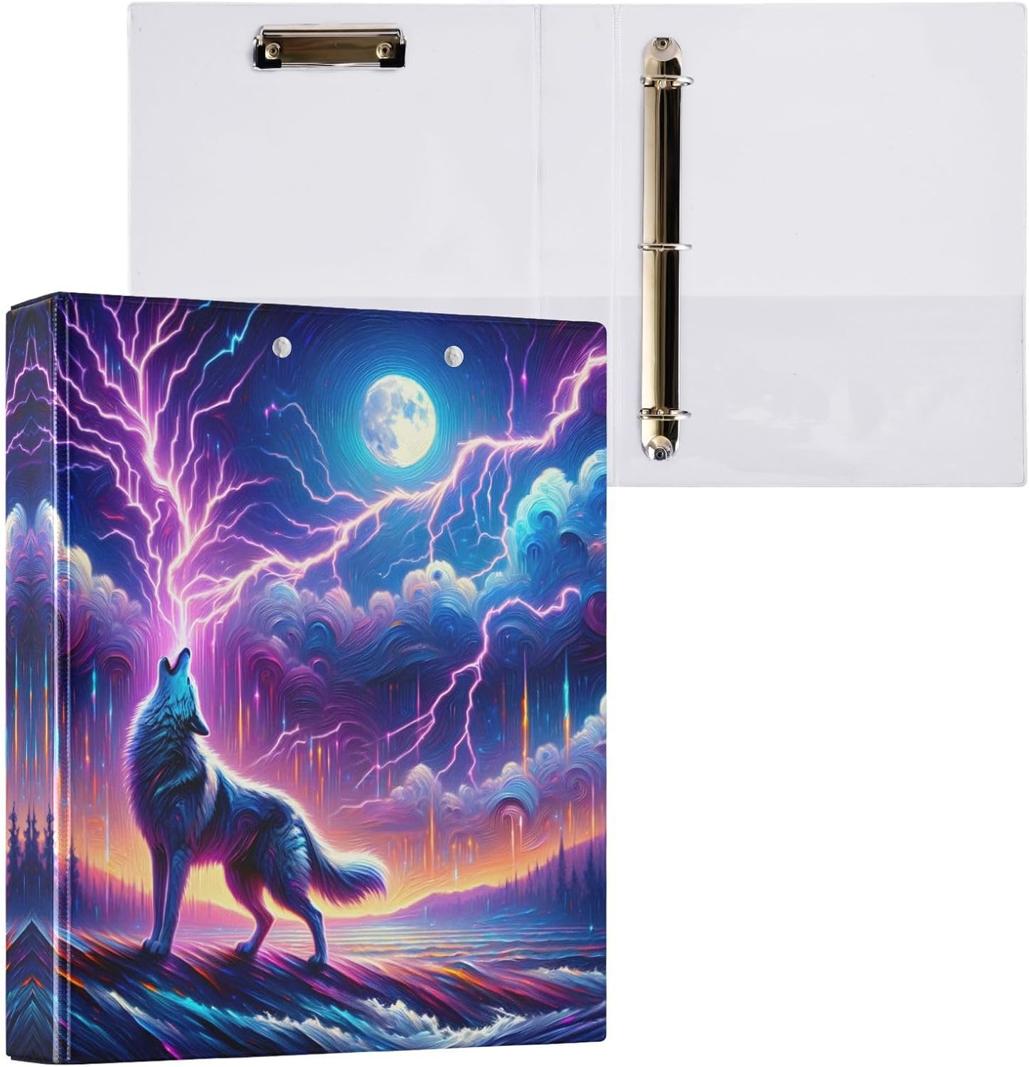 3 Ring Binder Wolf Howling Moon Lightning 1.5" Round Ring Binders View Binder with 200 Sheet for Kids School Supplies Women Men Office, 1 Pack