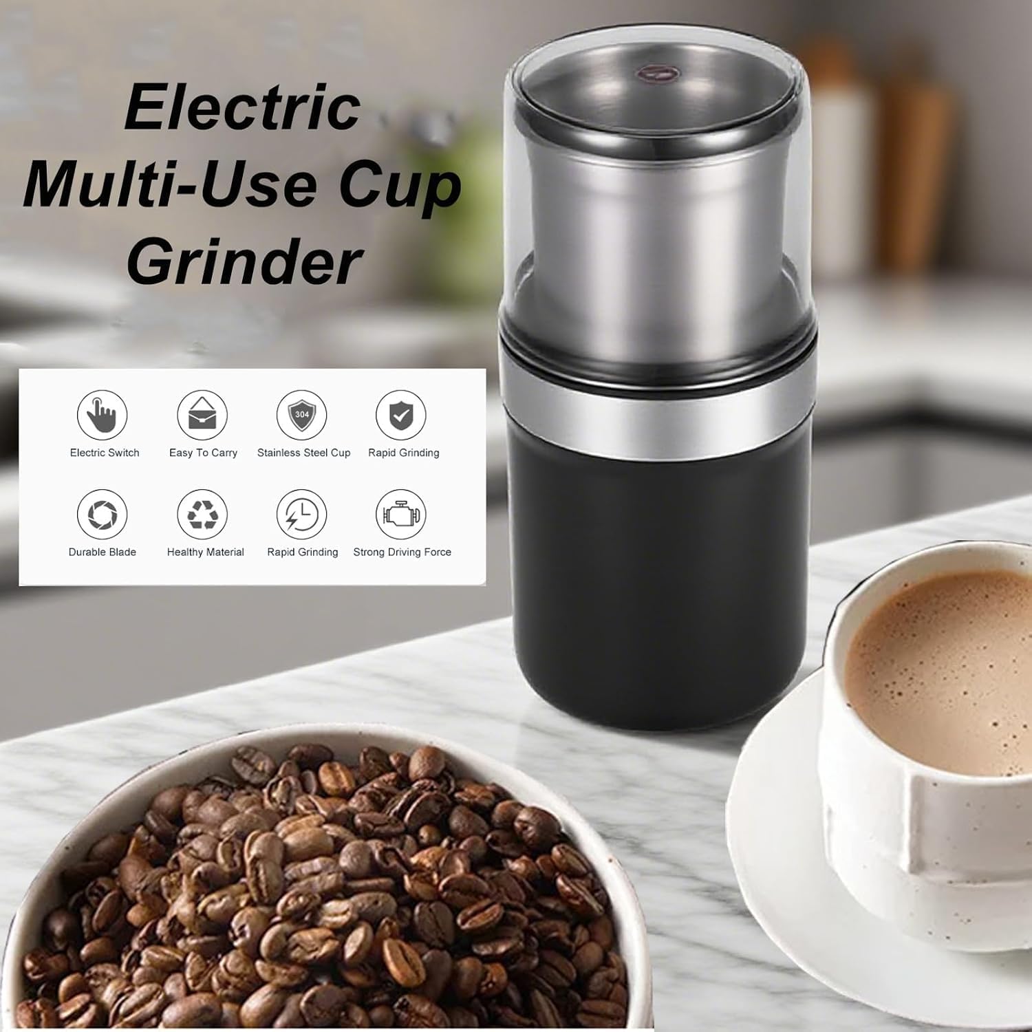 Electric Multi-Use Cup Grinder – 100g Large Capacity 304 Stainless Steel, Adjustable Coarse to Fine, Dual-Layer Lid, Detachable & Easy to Clean (Set A)