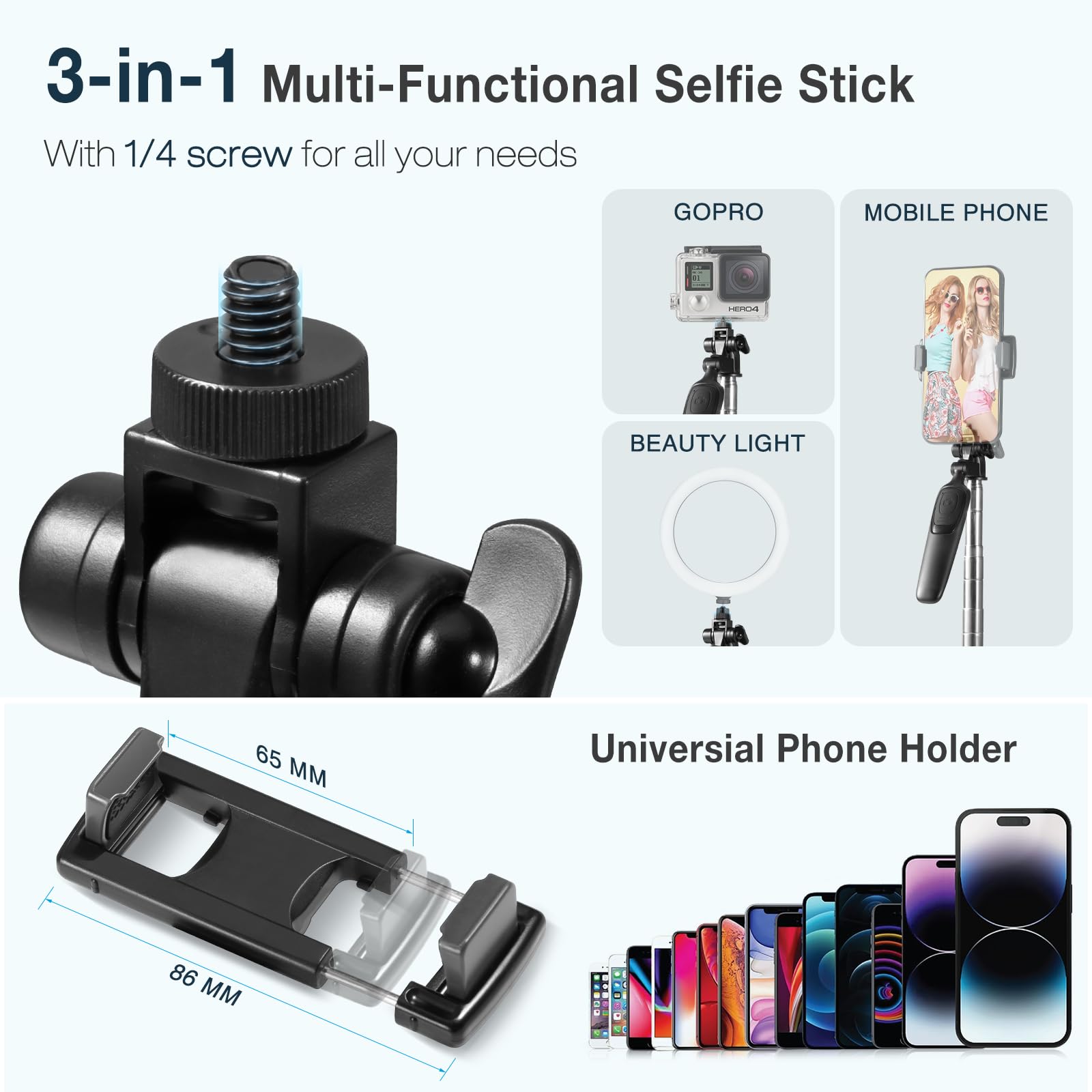 Vinabo Treppiede per smartphone, 160 cm, treppiede per iPhone, estensibile per selfie stick, treppiede per telefono portatile, rotazione a 360° con telecomando per viaggi, vlog, compatibile con