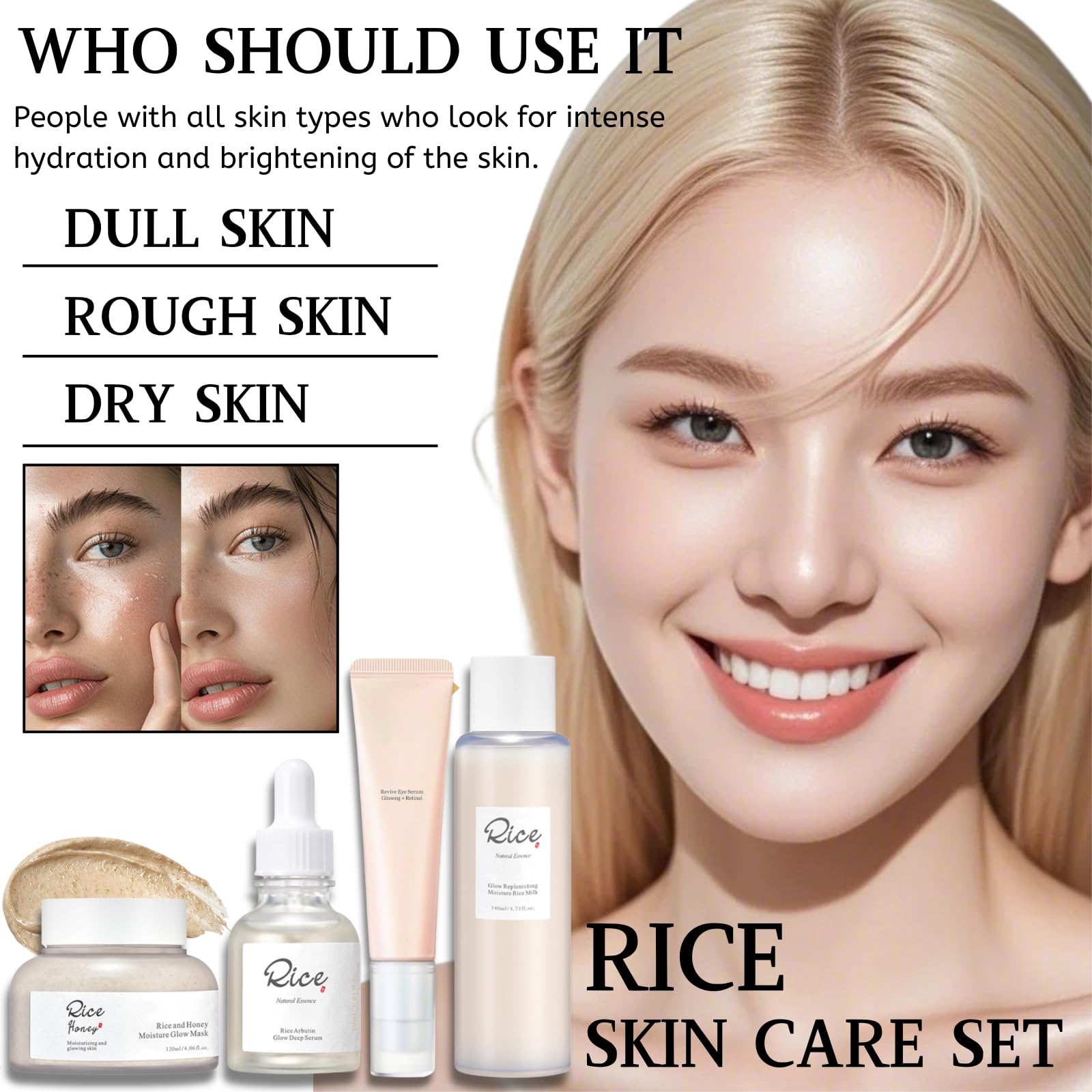 4-Step Korean Glass Skin Set - Rice & Honey Glow Mask, Arbutin Serum, Ginseng Eye Care, Hydrating Toner, SET-A - Image 2