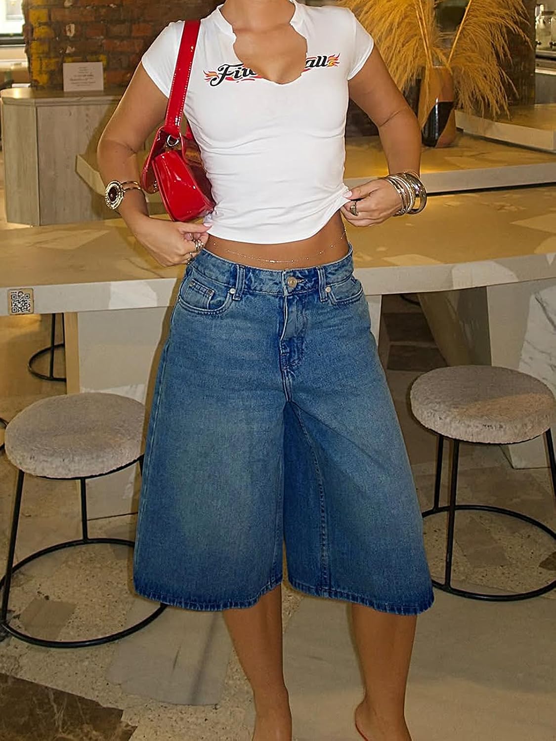 Cicy Bell Womens Baggy Bermuda Jeans Shorts Wide Leg High Waisted Jorts Casual Knee Length Denim Shorts