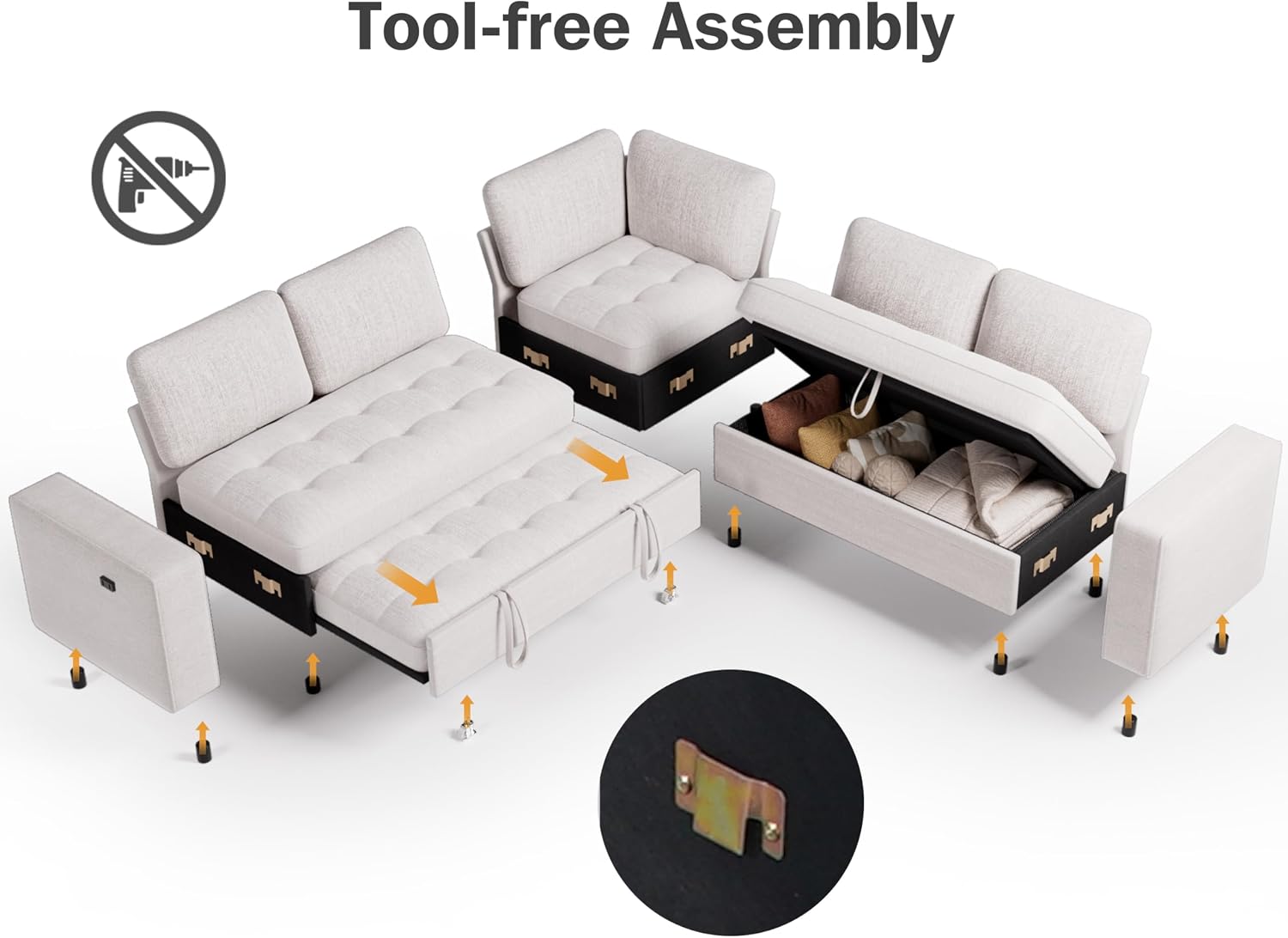 Diagram illustrating the tool-free assembly process of the modular sofa sections.