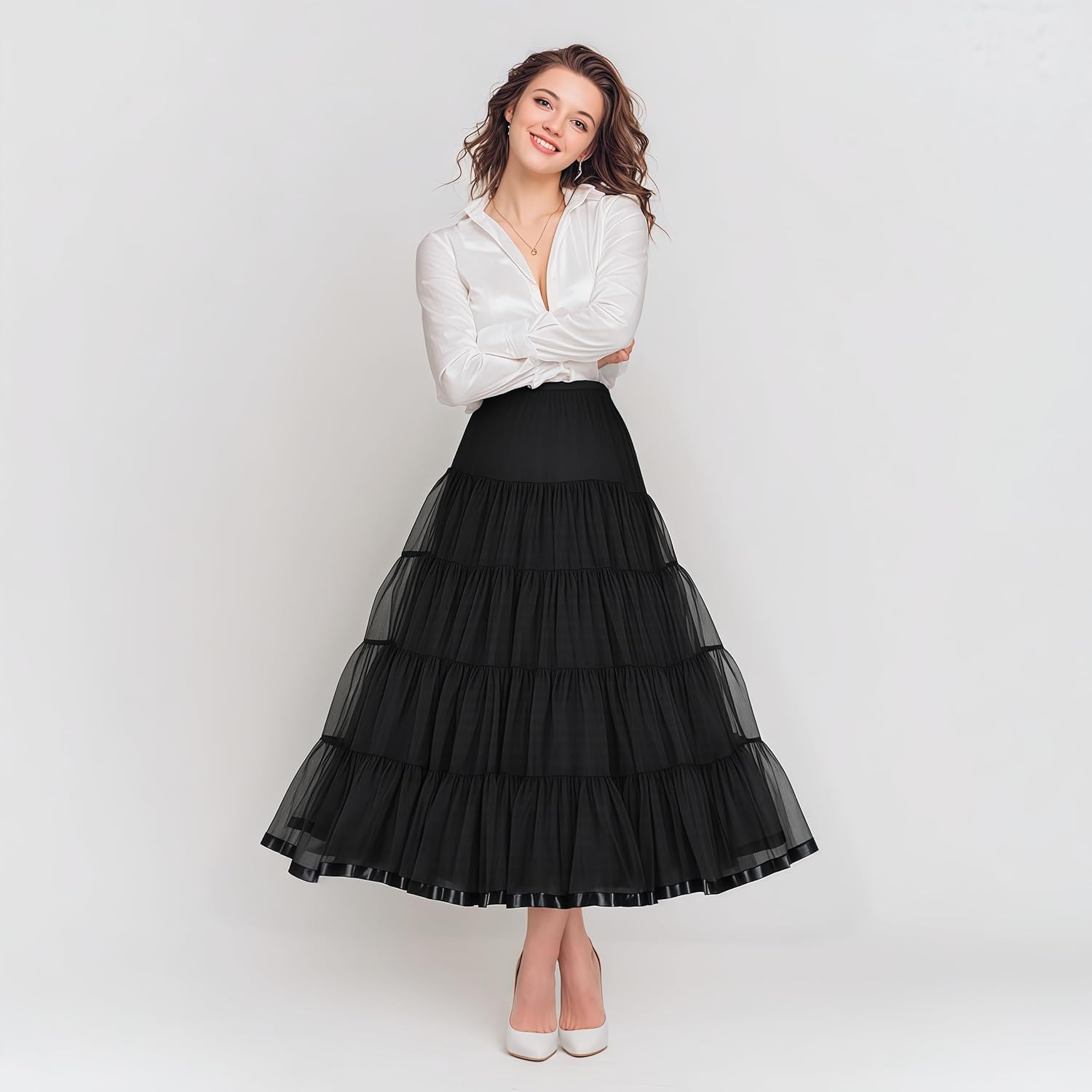 Women's 4 Tiers Plus Puffy Petticoat 32" tea length Underskirt Midi Crinoline Tulle Petticoat Half Slip - Image 3