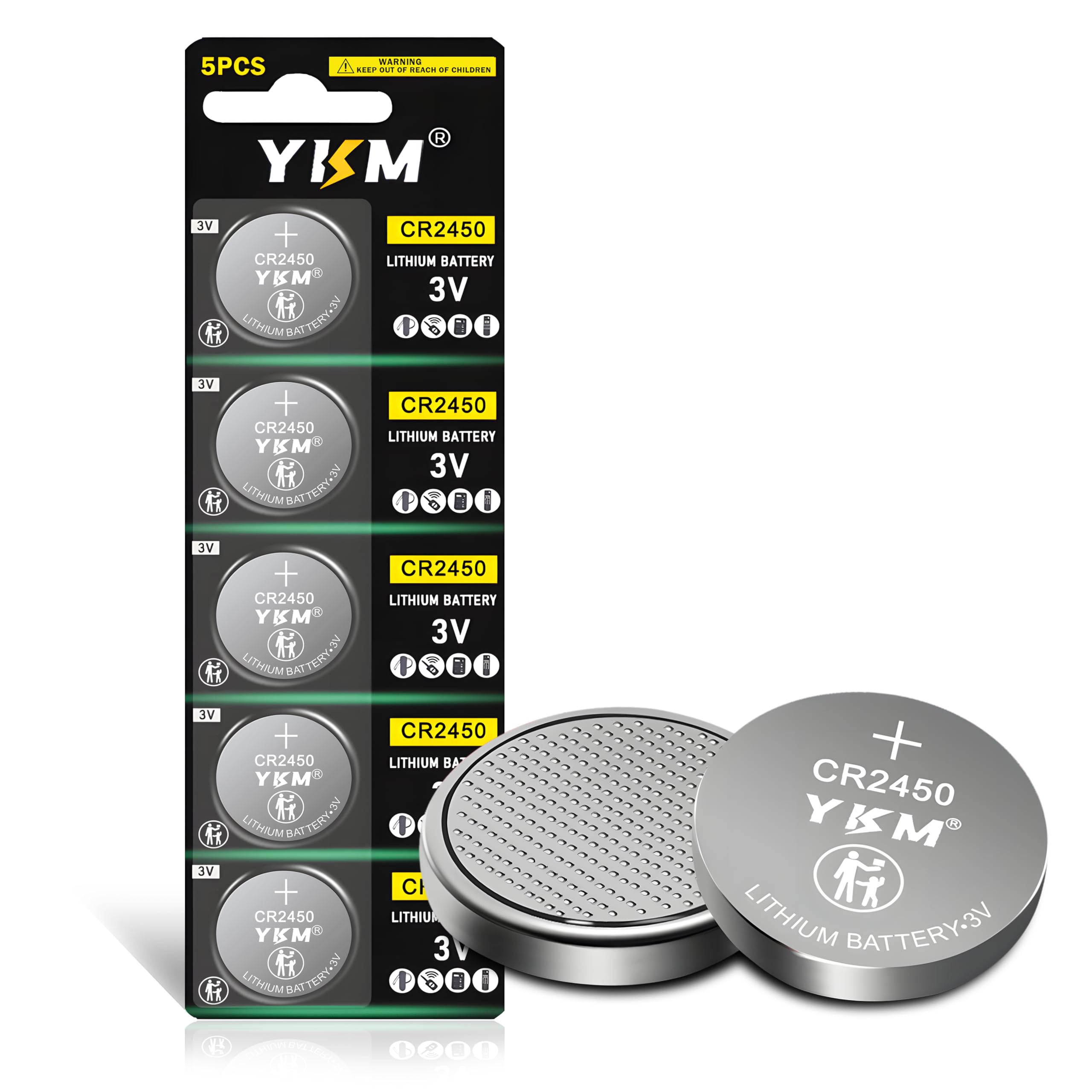 YKM CR2450 Battery 5 Pack, CR 2450 3V Lithium Coin Cell Batteries, Button Battery CR2450 Batteries for Flameless Candles