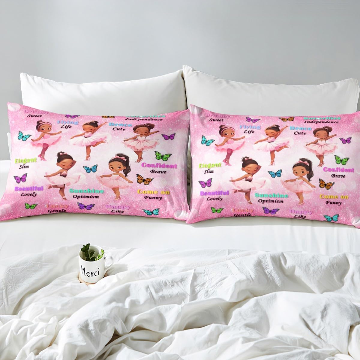 Cute Ballet Girl Fitted Sheet Queen,African Style American Black Girls Bedding Set 3Pcs,Kids Teens Women Inspirational Quotes Bed Sheet Butterfly Pink Glitter Print Deep Pocket Sheet,2 Pillowcases