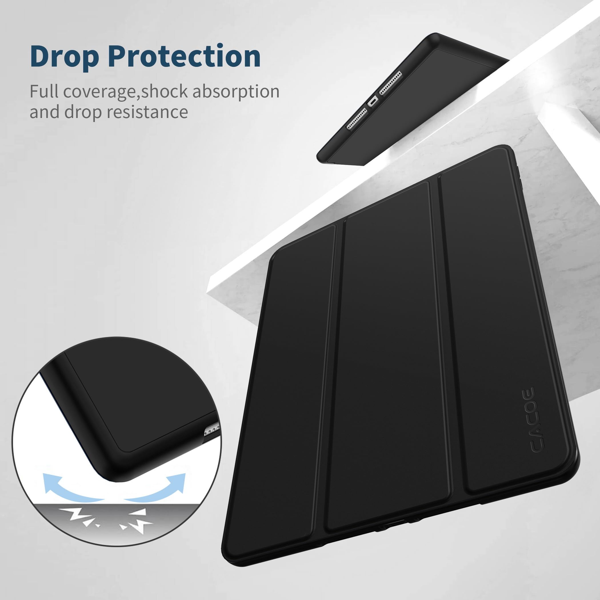 CACOE Cover Custodia Compatibile con iPad 9a Generazione 2021/iPad 8a Gen 2020/iPad 7a Gen 2019, Leggero Cover Protettivo Supporto con Pencil Holder per iPad 10.2 Auto Sveglia Sonno, Nero