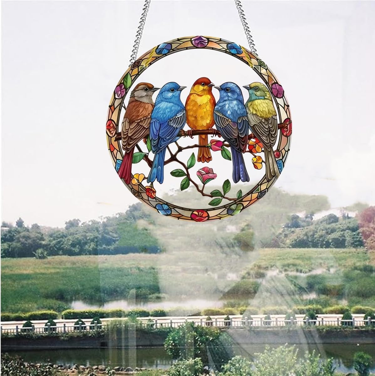 Large Acrylic Multicolored Birds Window Hanging Decor - Stained Glass Style with Bird & Flowers, Suncatchers for Bedroom, Garden & Home Decoration - Ideal Gift for Mom, Grandma & Teacher