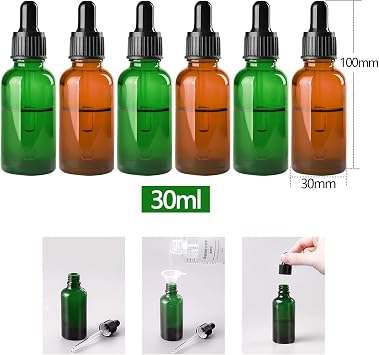 6 adet Damlalık Şişesi 30 ml Damlalıklı Şişe Amber Cam Damlalık Şişesi Uçucu Yağ Difüzörü, Parfümler, Aromaterapi için (Yeşil, Kahverengi)