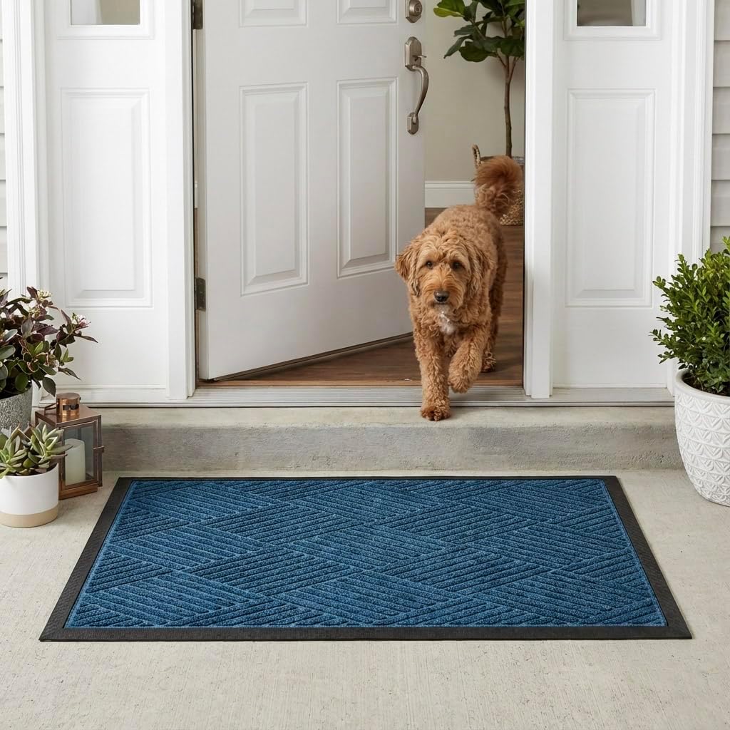 Ecomills Diamond Entrance Door Mat (3' x 4', Blue) - Low Clearance, Water Absorbent Dirt Trapper Entryway Mat with Non Slip Rubber Backing
