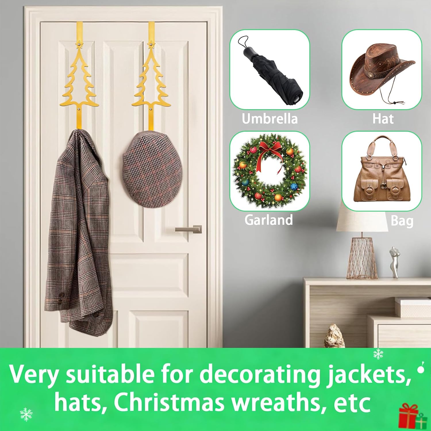 Easter Wreath Hangers for Front Door, Christmas Tree Over The Door Hooks 15" Metal Front Door Hangers Sturdy Wreath Holder for Xmas Party Festival Front Porch Home Decor