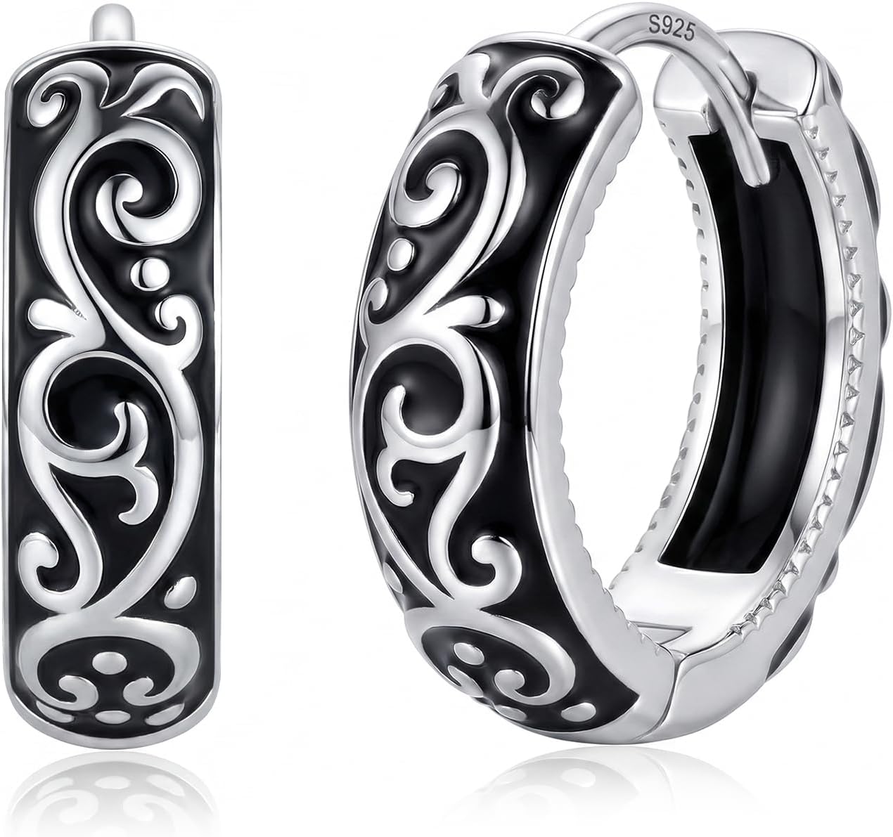 Vintage Earrings 925 Sterling Silver Small Huggie Hoop Earrings Women's Filigree Earrings Trendy Black Heart Flower Hypoallergenic Jewelry Gifts for Women