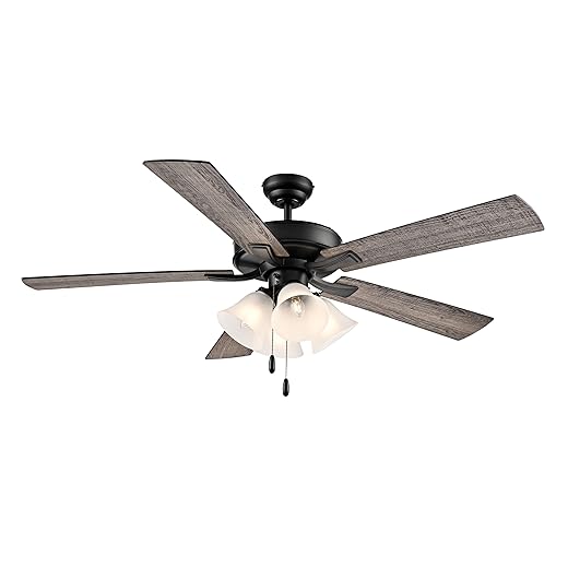 Calivane 52" 5-Blade LED Ceiling Fan - Matte Black with Matte Black and Mid-Brown Oak Reversible Blades and Etched Glass