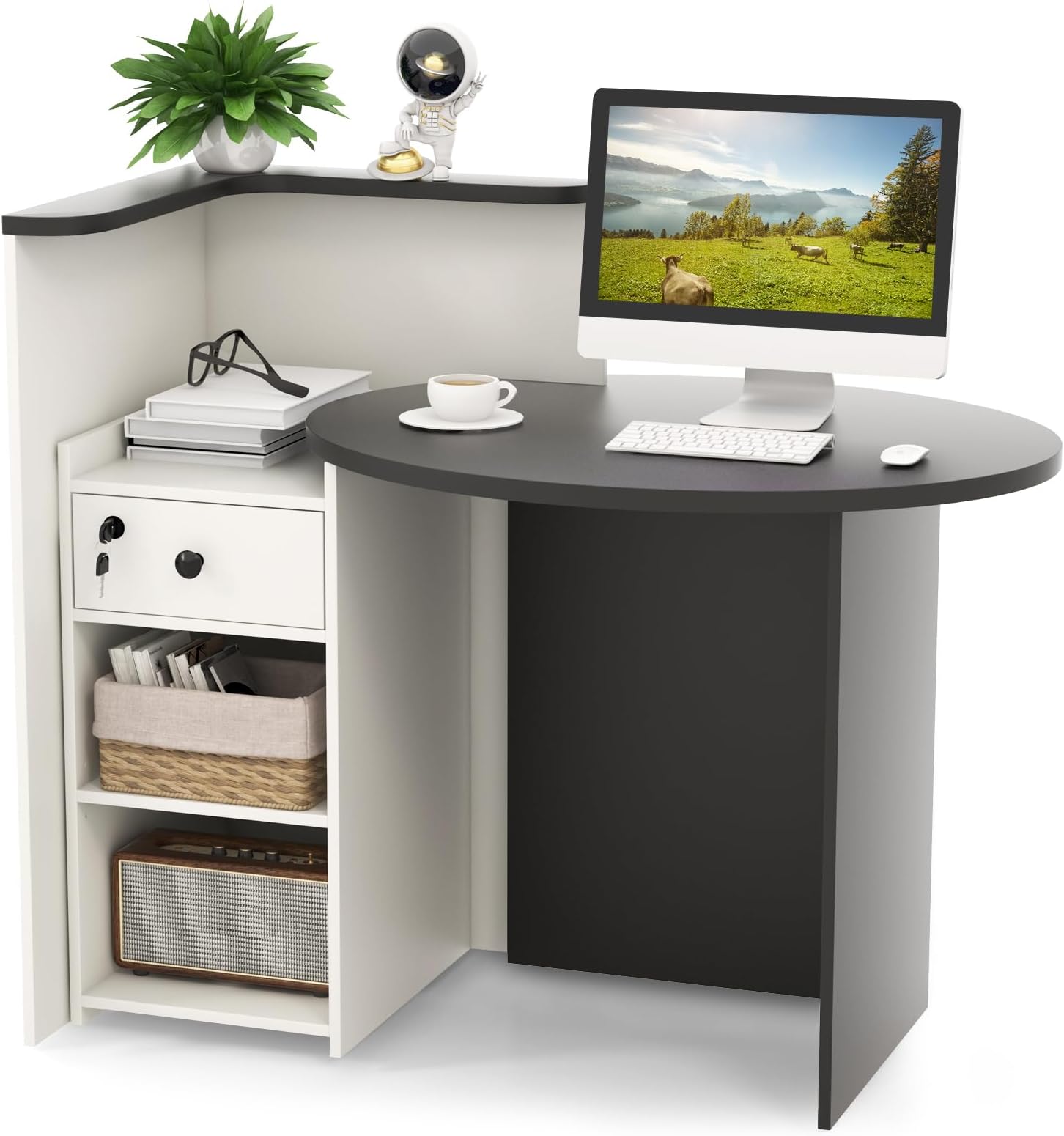 Tangkula Reception Desk, Front Counter Desk with Lockable Drawer & Adjustable Shelf, Oval Desktop, Retail Counter for Checkout, Computer Workstation for Salon Lobby Office, Home Office Desk