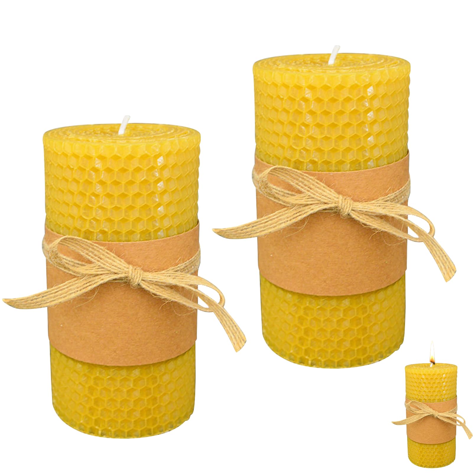 2 PCS Honeycomb Beeswax Pillar Candles, Smokeless Natural Beeswax Decorative Candles, 15-20 Hour Honeycomb Pattern Design for Home Ambiance, Romantic Dinners and Meditation Settings (10 x 5 cm)