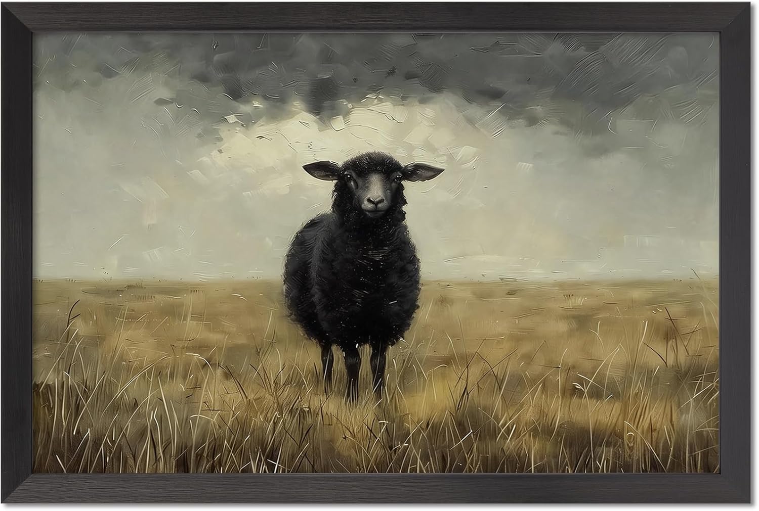 Black Sheep In Field Wall Art, 12X16 Inch Black Framed Farm Animal Scene Poster, Country Landscape Canvas Print, Rustic Wall Decor For Living Room Bedroom Office Ready To Hang