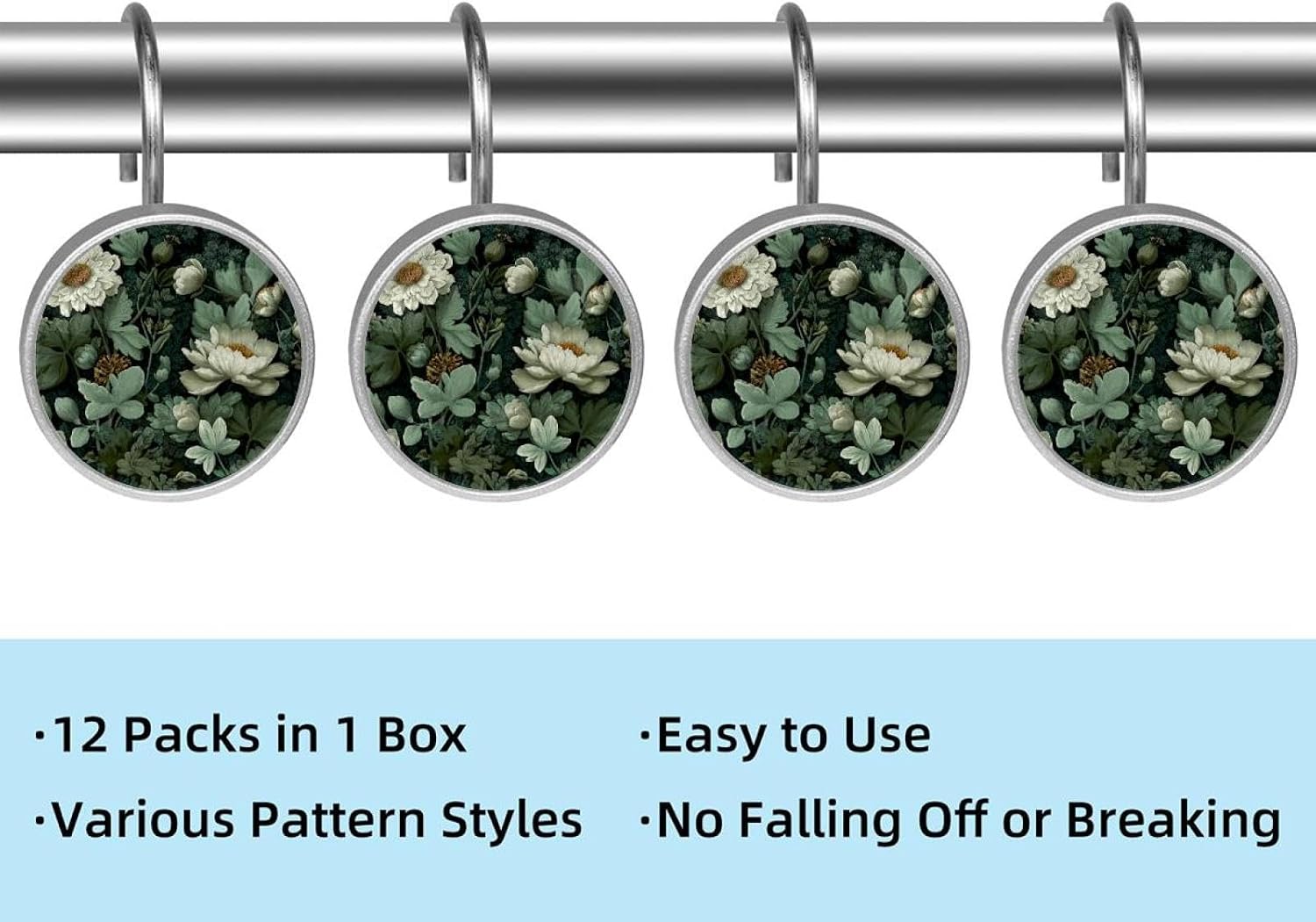 Sage Green Flowers (3) Shower Curtain Hooks, Rustproof Shower Curtain Rings for Bathroom, Stainless Steel Shower Hooks for Shower Curtain Rod, Decorative Shower Curtain Hangers Set of 12