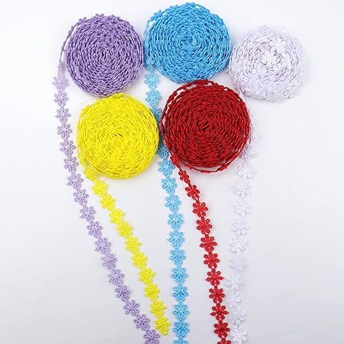 Colorido ribete de encaje de 5 colores bordados de flores para costura, bricolaje, decoración de ropa, decoración del hogar (5 x 3 yardas)