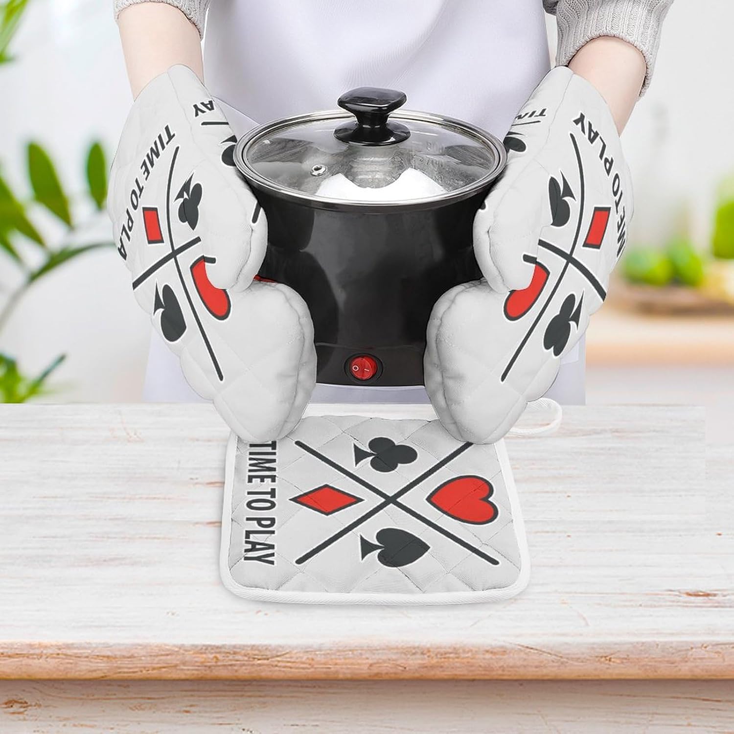 Playing Poker Card Print Oven Mitts and Pot Holders 3 Piece Sets Heat Resistant Gloves Hot Pads Potholders for Kitchen Baking Cooking