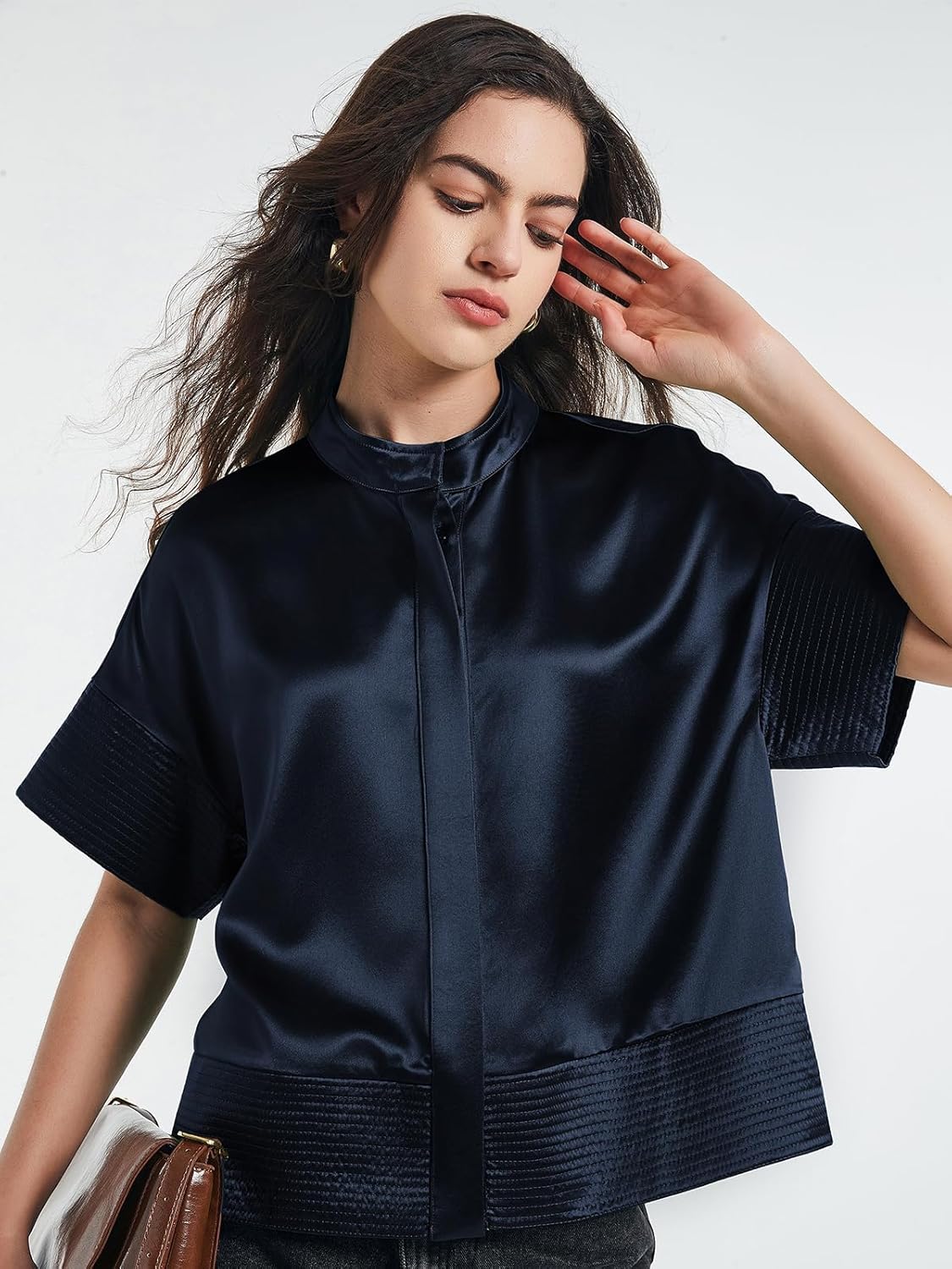 D-Sun Women's Casual Button Down Shirts Oversized Short Sleeve Stand Collar Tops Trendy Work Blouses - Image 2